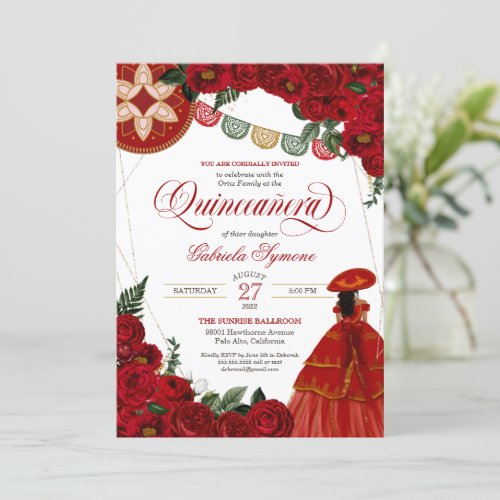 Red Rose Elegant CharraMariachi Dress Quinceaera Invitation