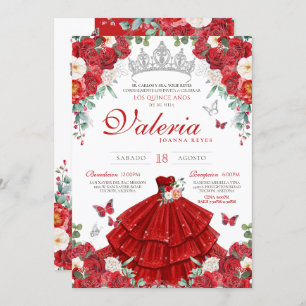Red Rose Elegant Silver Princess Quince Años Invitation