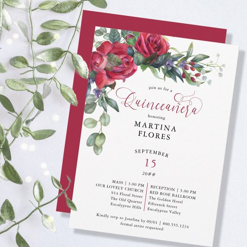 Red Rose Eucalyptus Elegant Mass and Quinceanera Invitation