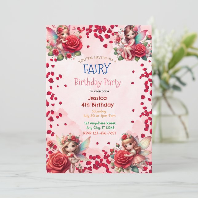 Red Rose Fairy: Enchanted Birthday Invitation (Standing Front)