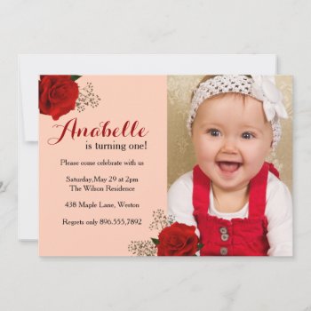 Red Rose First Birthday Invitation by ExclusiveZazzle at Zazzle