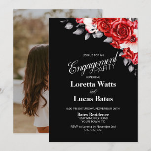 Red Rose Floral Black Engagement Party Photo Invitation