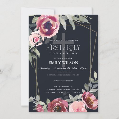 RED ROSE FLORAL BLACK FIRST HOLY COMMUNION INVITE