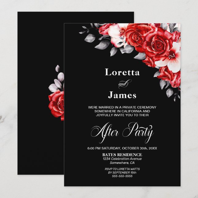Red Rose Floral Black Wedding Reception Invitation (Front/Back)