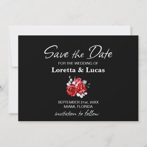 Red Rose Floral Black Wedding Save The Date