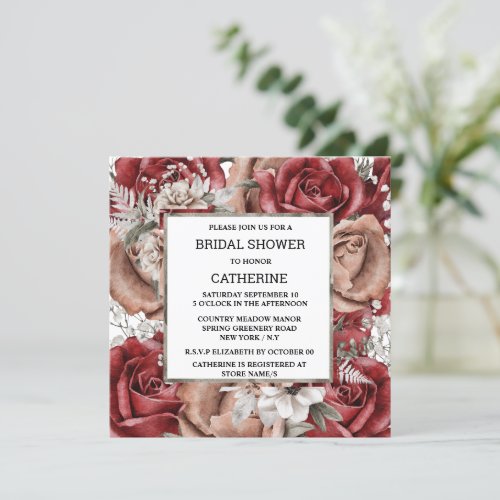 Red rose floral botanical collage elegant chic invitation