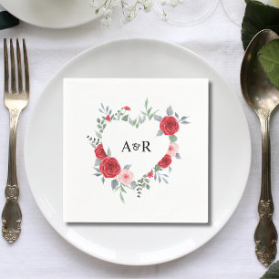 Red Rose Floral Botanical Heart Shaped Wedding Napkins