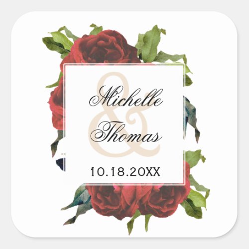 Red Rose Floral Bouquet Wedding Square Sticker