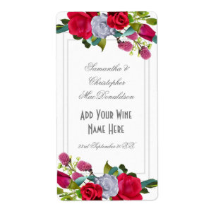 Red rose Floral bouquet wedding wine bottle Label