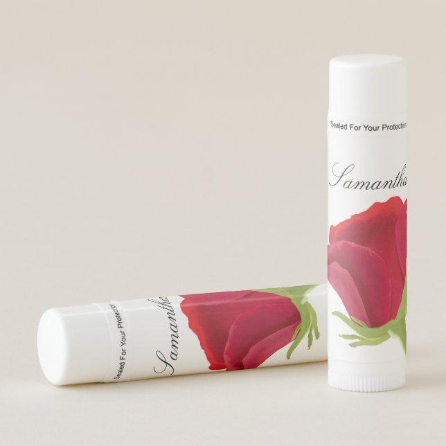 Red rose floral Bridesmaid Name Lip Balm (Front)