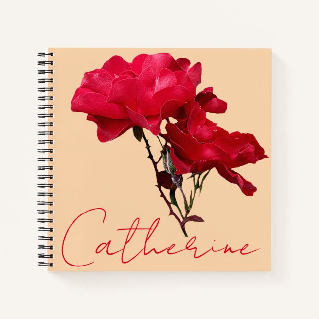 Red rose floral customizable name Catherine boho  Notebook (Front)