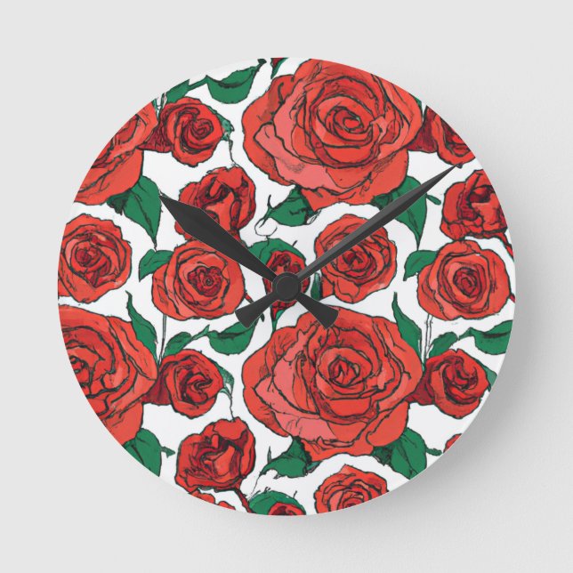Red Rose Floral Design #1 Throw Pillow Round Clock (Front)