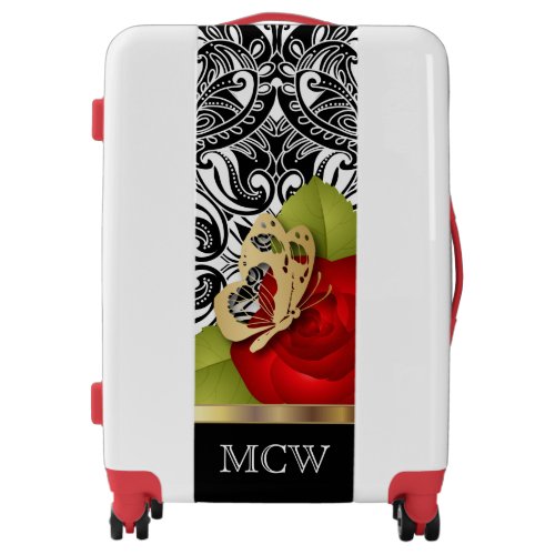Red Rose Floral Design  Monogram Luggage