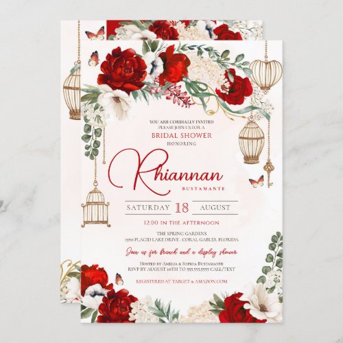 Red Rose Floral Elegant Garden Bridal Shower Invitation