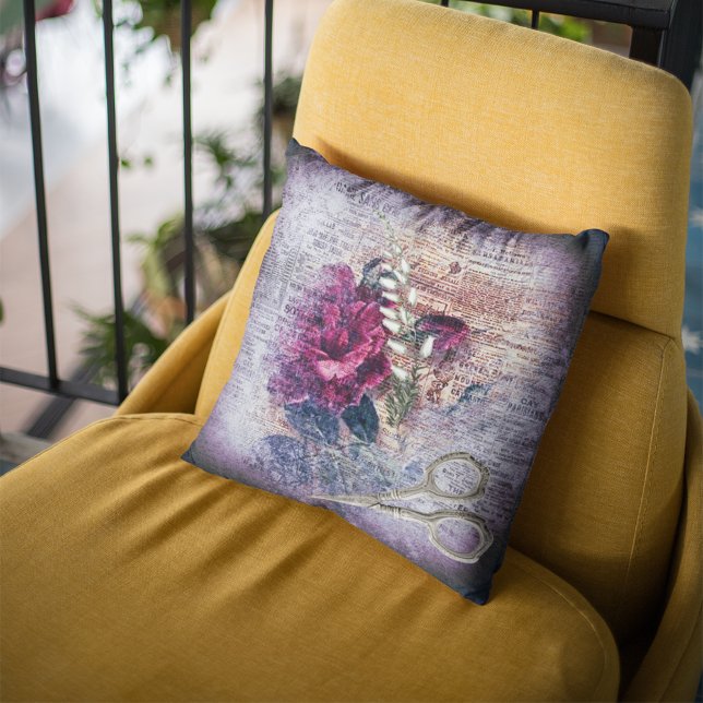 Red Rose Floral Ephemera Home Decor Throw Pillow (Creator Uploaded)