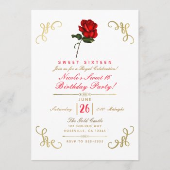 Red Rose Floral Gold Corners Sweet 16 Party Invitation by printabledigidesigns at Zazzle