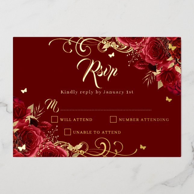 Red Rose Floral Gold Swirl Gold Quinceanera  Foil Invitation (Front)