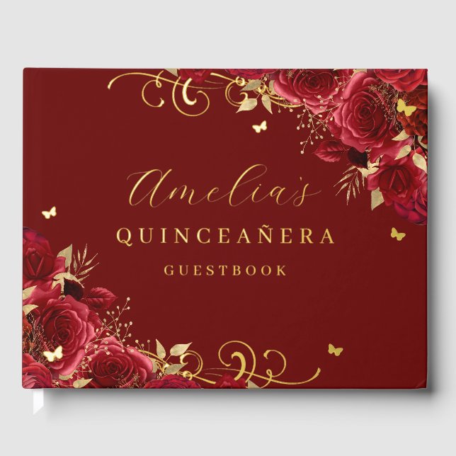 Red Rose Floral Gold Swirl Quinceanera  Foil Guest Book (Front)