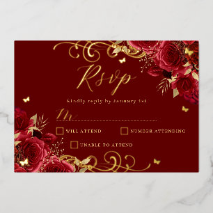 Red Rose Floral Gold Swirl Quinceanera  Foil Invitation