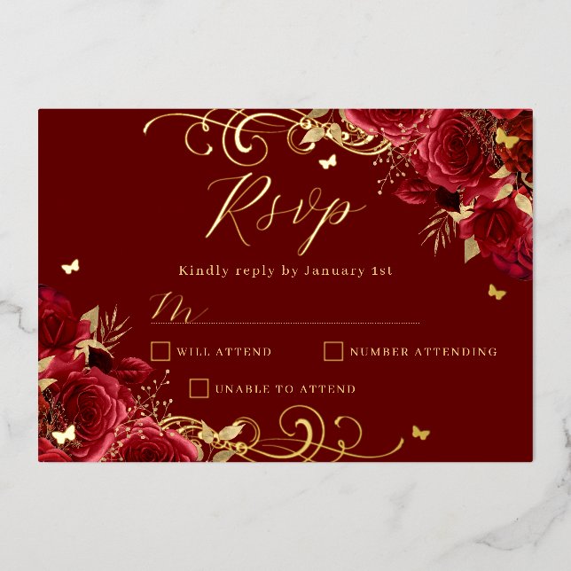 Red Rose Floral Gold Swirl Quinceanera  Foil Invitation (Front)