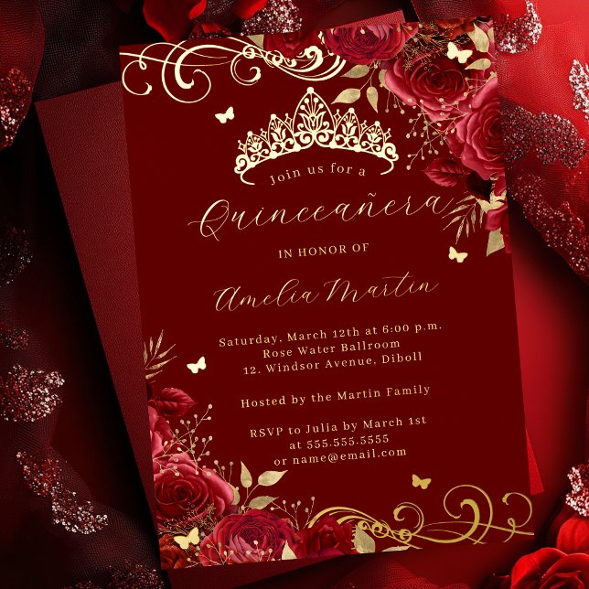 Red Rose Floral Gold Swirl Quinceanera   Foil Invitation (Creator Uploaded)
