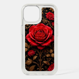 Red Rose Floral Golden Leaves Everyday Protection iPhone 15 Case
