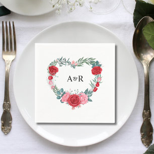 Red Rose Floral Greenery Heart Shaped Wedding Napkins