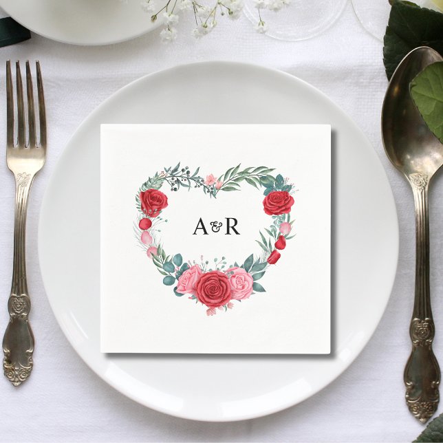 Red Rose Floral Greenery Heart Shaped Wedding Napkins (Creator Uploaded)