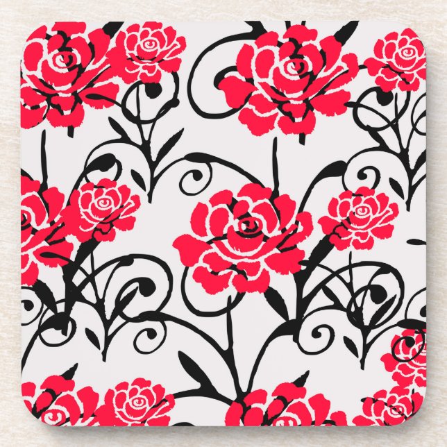 Red Rose Floral Illustration Pattern Design  Beverage Coaster (Front)