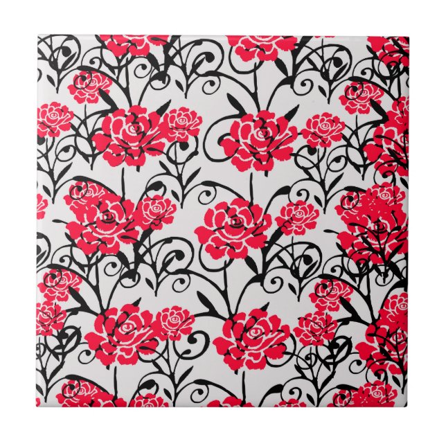 Red Rose Floral Illustration Pattern Design  Ceramic Tile (Front)