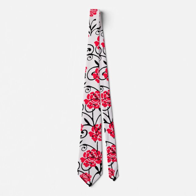 Red Rose Floral Illustration Pattern Design  Neck Tie (Front)