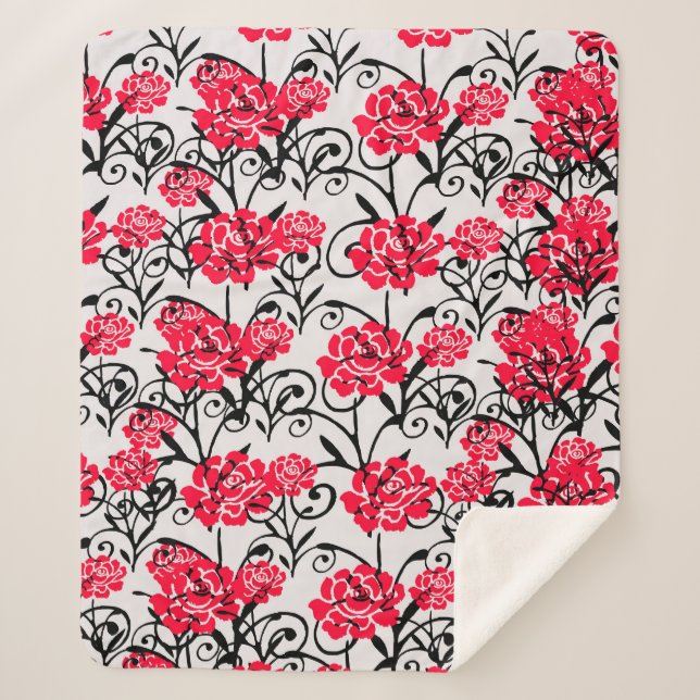 Red Rose Floral Illustration Pattern Design  Sherpa Blanket (Front)