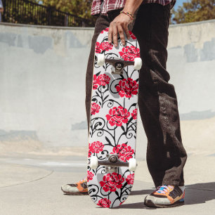 Red Rose Floral Illustration Pattern Design Skateboard