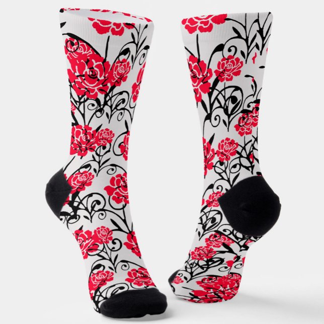 Red Rose Floral Illustration Pattern Design  Socks (Creator Uploaded)