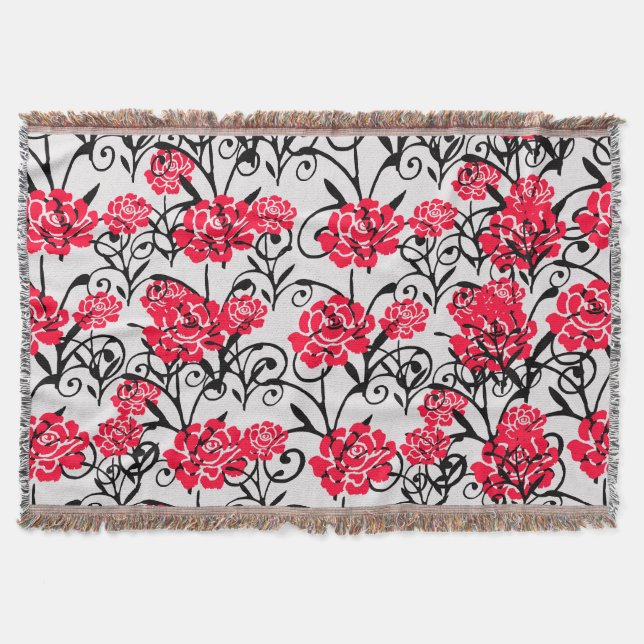Red Rose Floral Illustration Pattern Design  Throw Blanket (Front)