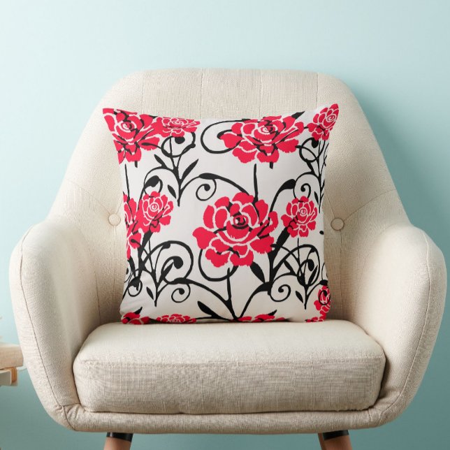 Red Rose Floral Illustration Pattern Design  Throw Pillow (Creator Uploaded)