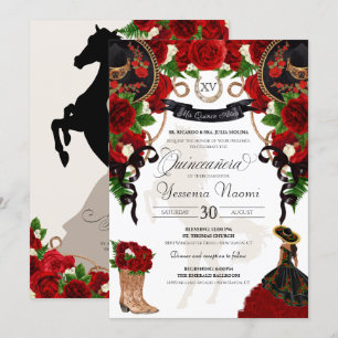 Red Rose Floral Mariachi Charro Quinceanera Invita Invitation