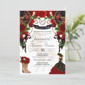 Red Rose Floral Mariachi Charro Quinceanera Invitation (Standing Front)