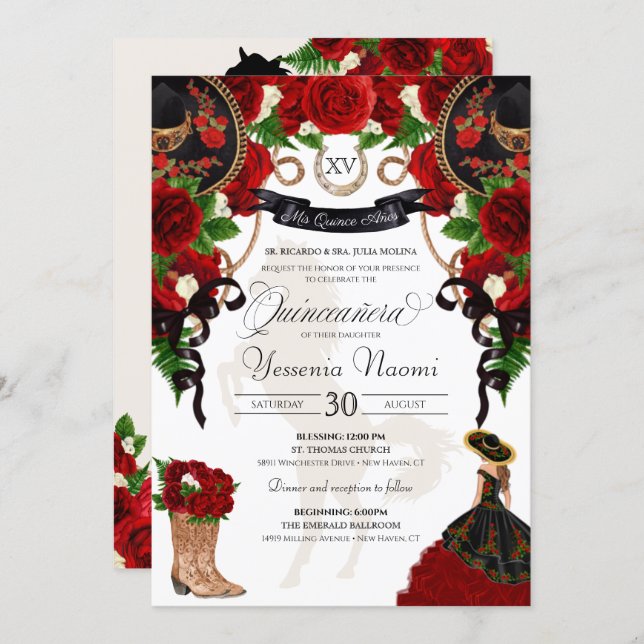 Red Rose Floral Mariachi Charro Quinceanera Invitation (Front/Back)