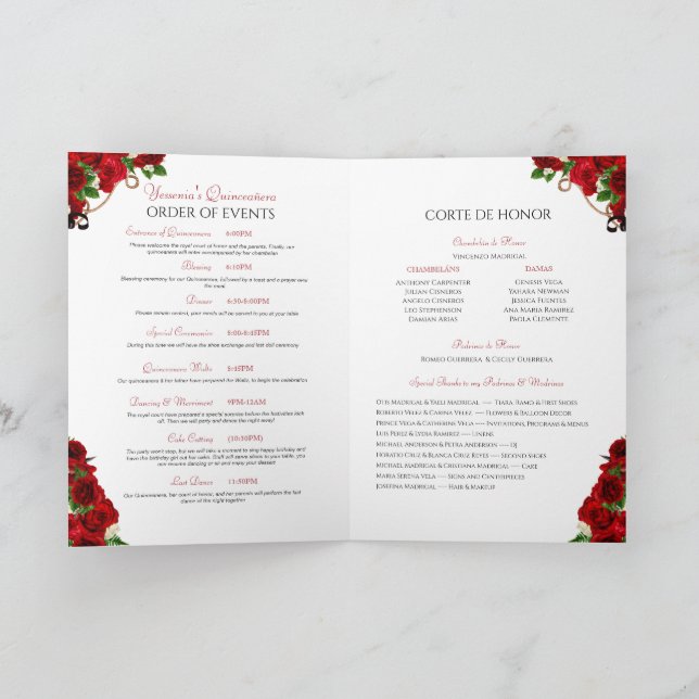 Red Rose Floral Mariachi Charro Quinceanera Program (Inside)