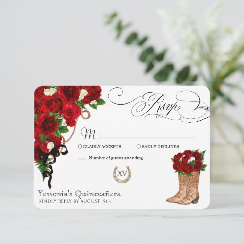 Red Rose Floral Mariachi Quinceanera RSVP Card