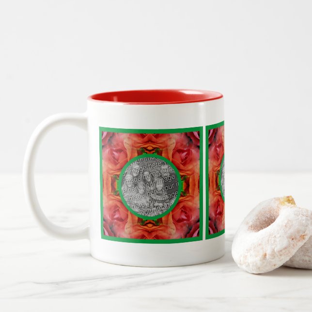 Red Rose Floral Nature Frame Add Your Photo  Two-Tone Coffee Mug (With Donut)