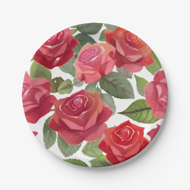 Red Rose Floral Party Paper Plates (Front)