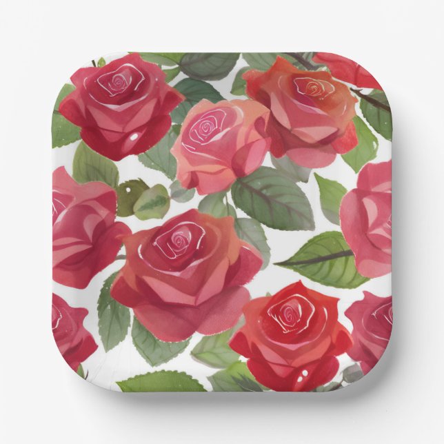 Red Rose Floral Party Paper Plates (Front)