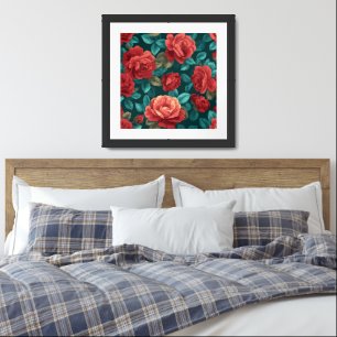 Red Rose Floral Pattern - Elegant Botanical Art Framed Art