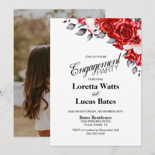Red Rose Floral Photo Engagement Party Invitation