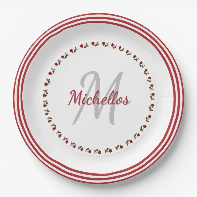 Red Rose Floral Photography - Initial & Name Paper Plates (Front)