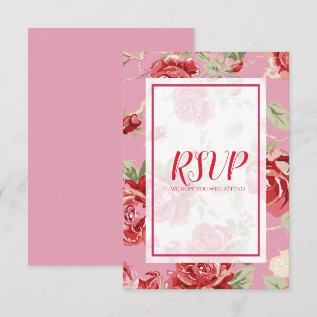 Red rose floral print save the date RSVP card (Front/Back)