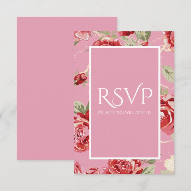 Red rose floral print save the date RSVP card (Front/Back)