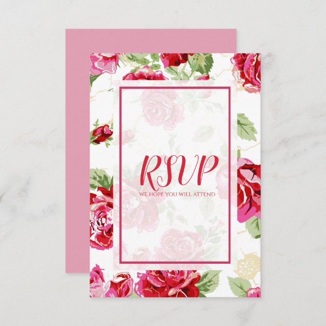 Red rose floral print save the date RSVP card (Front/Back)
